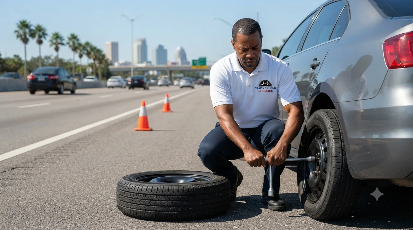 Tampa 24 Hour Roadside technician providing flat tire change & repair in Tampa, FL