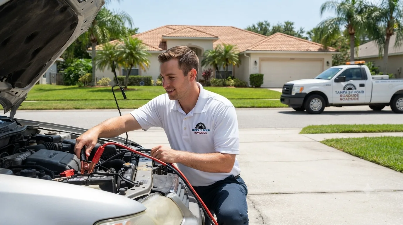 Tampa 24 Hour Roadside technician providing car battery jump start in Tampa, FL
